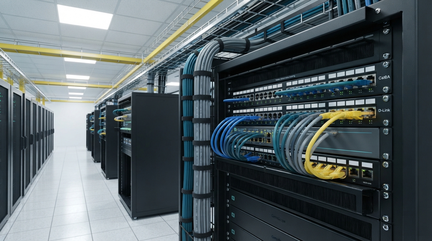 High-Density Cat6A Patch Panel Array in Server Rack