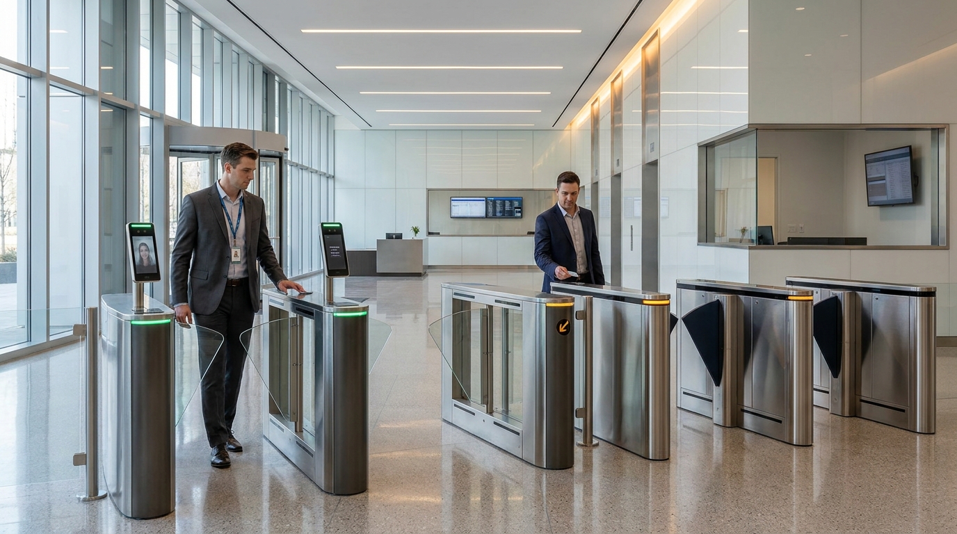 Modern Glass Flap Barrier Turnstiles in Corporate Lobby