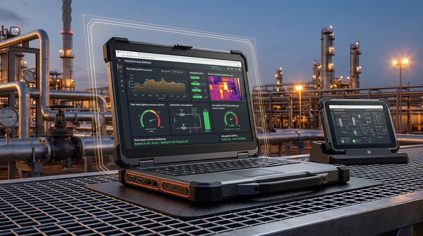 Industrial Technician operating Rugged Laptop in Manufacturing Workshop