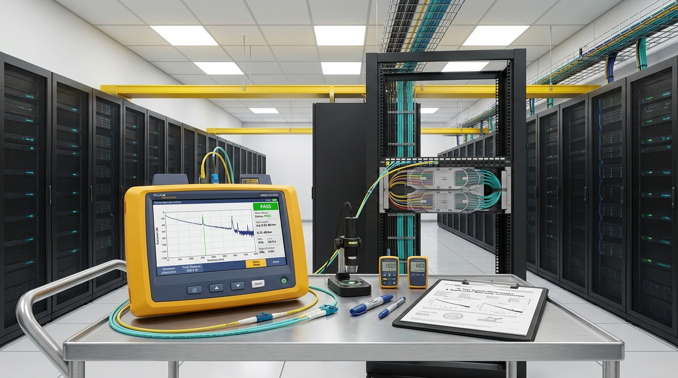 Engineer using Fluke Versiv DSX Cable Tester on Patch Panel